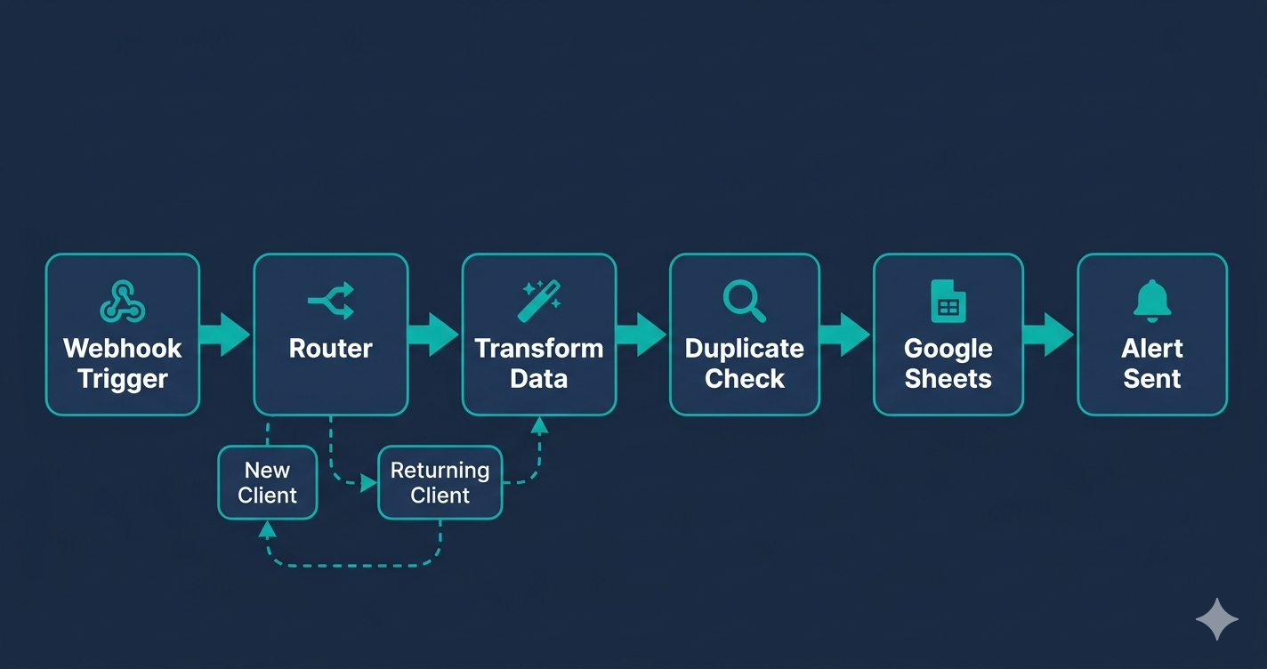 Flow diagram showing client data arriving via webhook, passing through a Make router, being transformed, written to Google Sheets, and triggering a completion alert