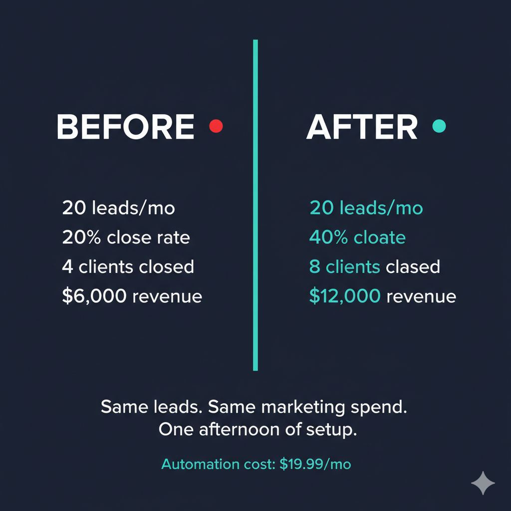 Before and after comparison showing 20 leads at 20 percent close rate vs 20 leads at 40 percent close rate with instant automated response