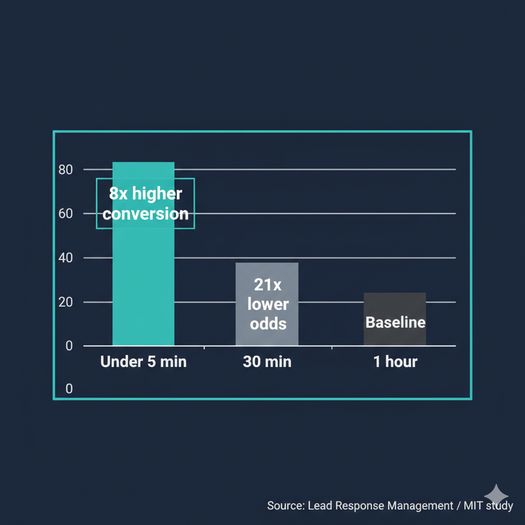 Diagram showing lead conversion rate dropping sharply: 8x higher at 5 minutes versus 30 minutes versus 1 hour response time
